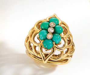 14K Yellow Gold Vintage Turquoise and Diamond Cluster Ring