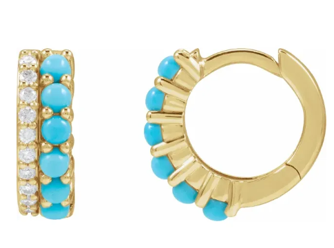 14K Yellow Gold Turquoise and Diamond Huggie Hoop Earrings