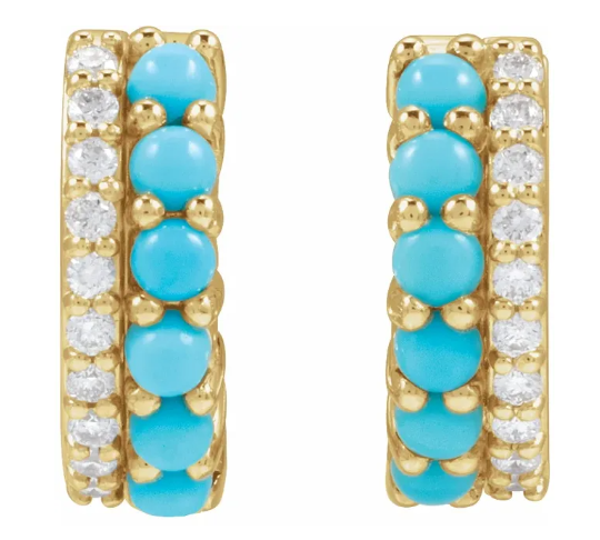 14K Yellow Gold Turquoise and Diamond Huggie Hoop Earrings