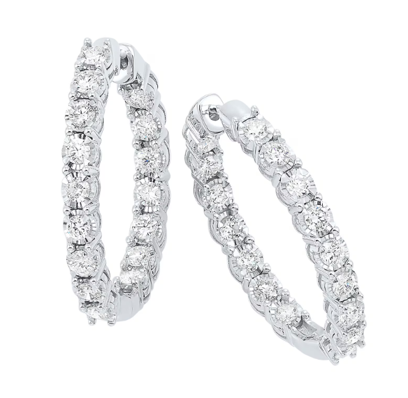 14K White Gold 1 Carat Diamond Inside Out Illusion Set Hoop Earrings