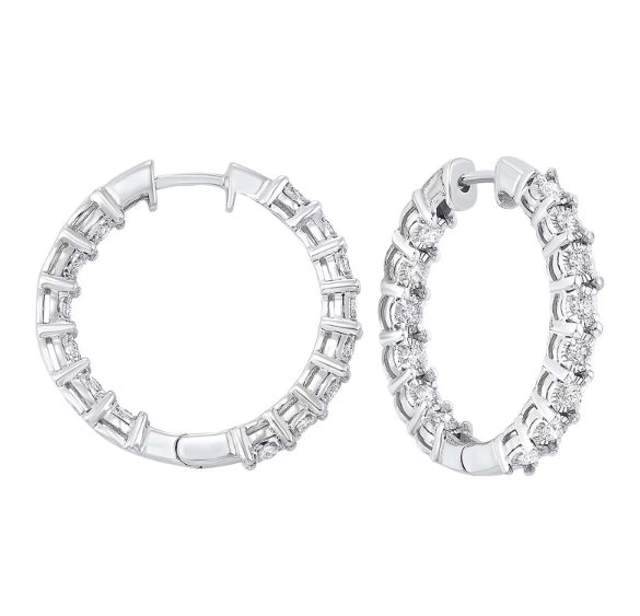 14K White Gold 1 Carat Diamond Inside Out Illusion Set Hoop Earrings