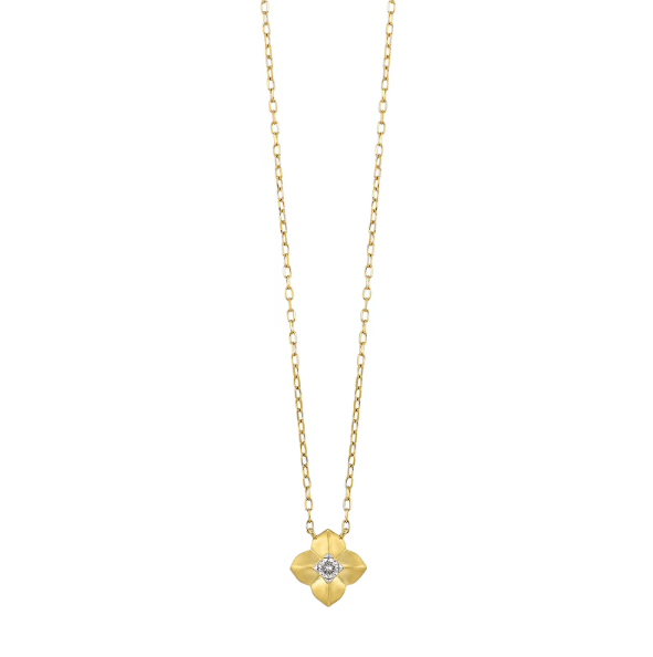 14K Yellow Gold Satin Finish Clover Diamond Necklace