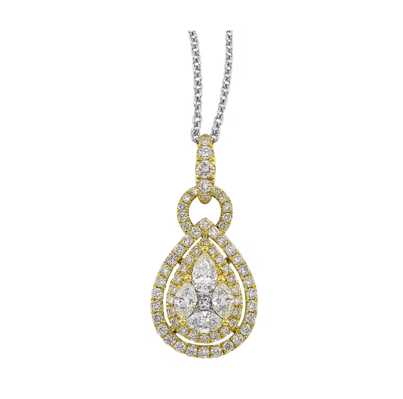 14K Yellow Gold Diamond Double Pear Halo Cluster Necklace – 0.75 CTW