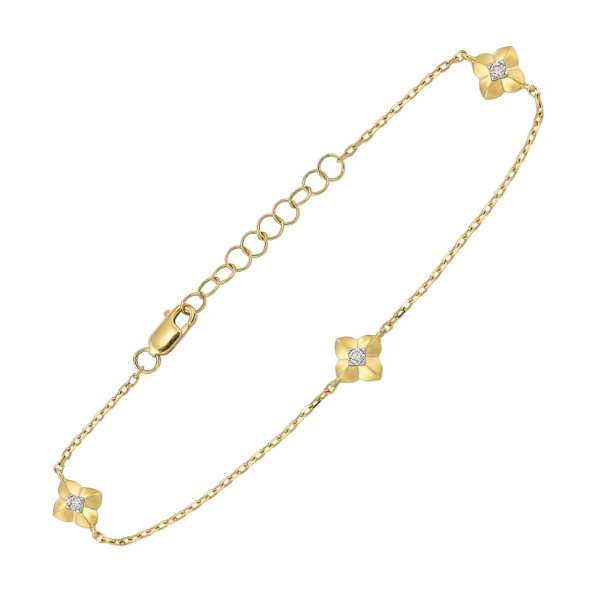 14K Yellow Gold Satin Finish Clover Diamond Station Bracelet