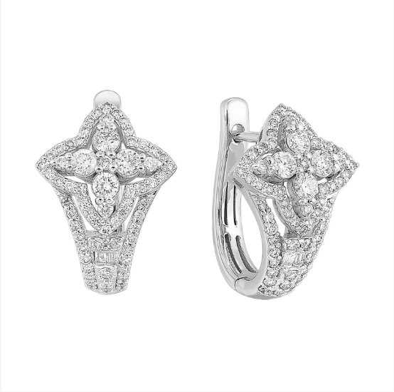 14K White Gold Vintage Clover Diamond Hinge Hoop Earrings – 1.00 CTW