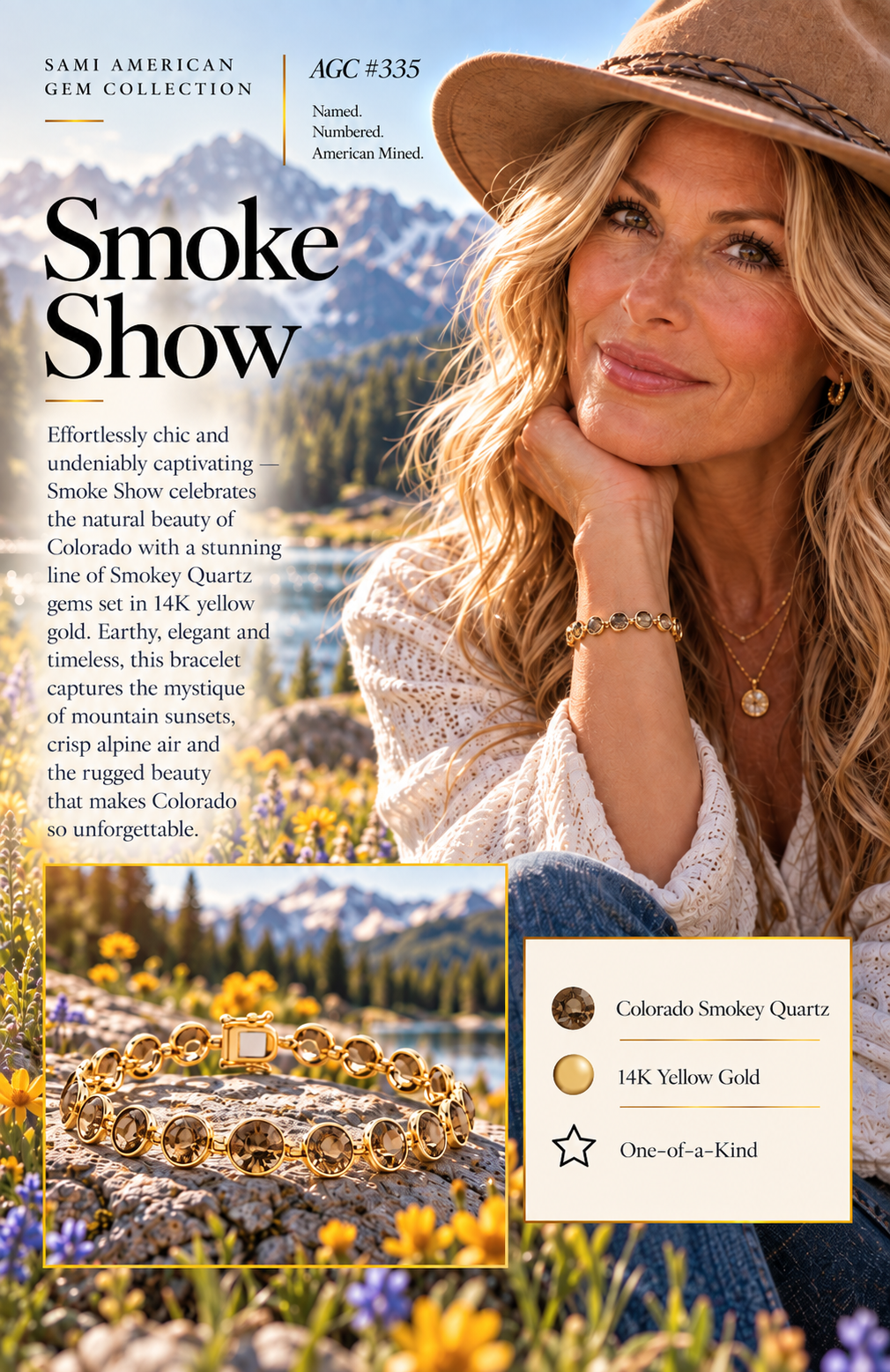 American Gem Collection #335 "Smoke Show" Colorado Smokey Quartz 14K Yellow Gold Tennis Bracelet