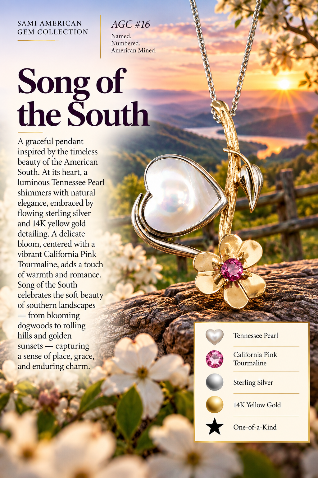 American Gem Collection #16 "Song of the South" Tennessee Pearl Heart and Flower Sterling Silver and 14K Pendant