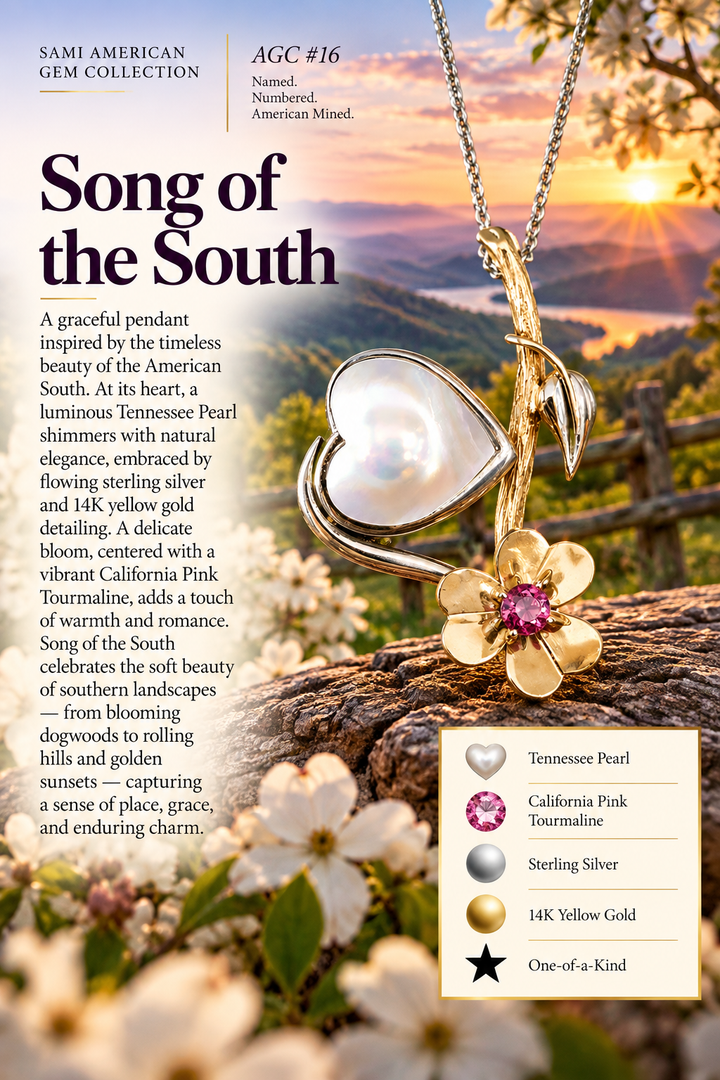 American Gem Collection #16 "Song of the South" Tennessee Pearl Heart and Flower Sterling Silver and 14K Pendant