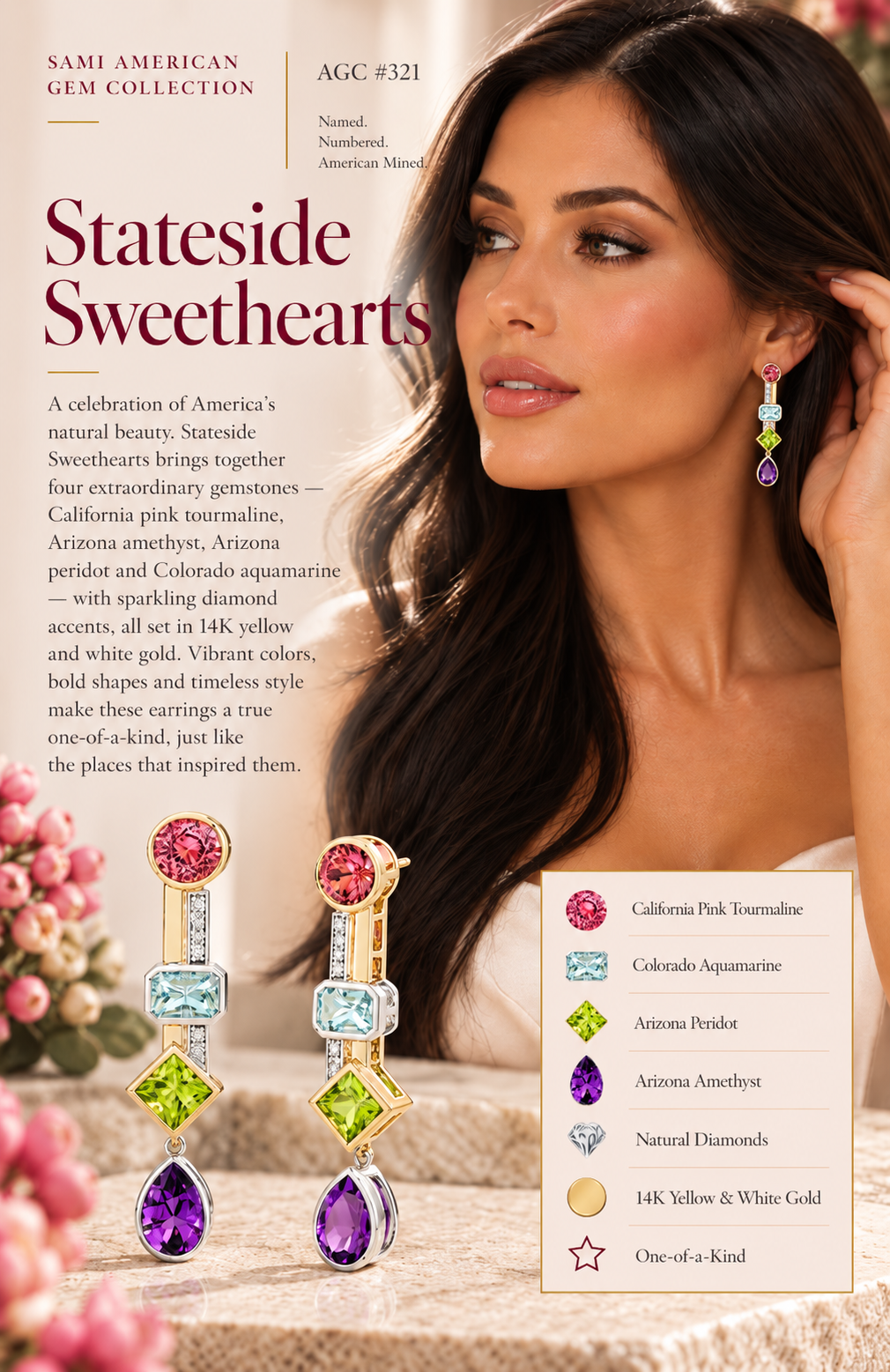 American Gem Collection #320 "Stateside Sweethearts" Multi American Gem 14K Two-Tone Earrings
