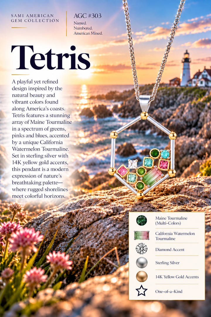 American Gem Collection #303 "Tetris" Multi Colored Maine Tourmaline and California Watermelon Tourmaline Necklace