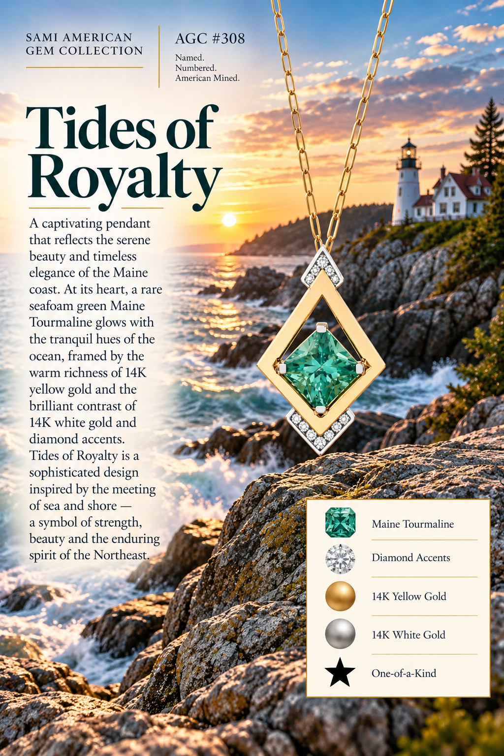 American Gem Collection #308 "Tides of Royalty" 14K Seafoam Green Maine Tourmaline and Diamond Pendant