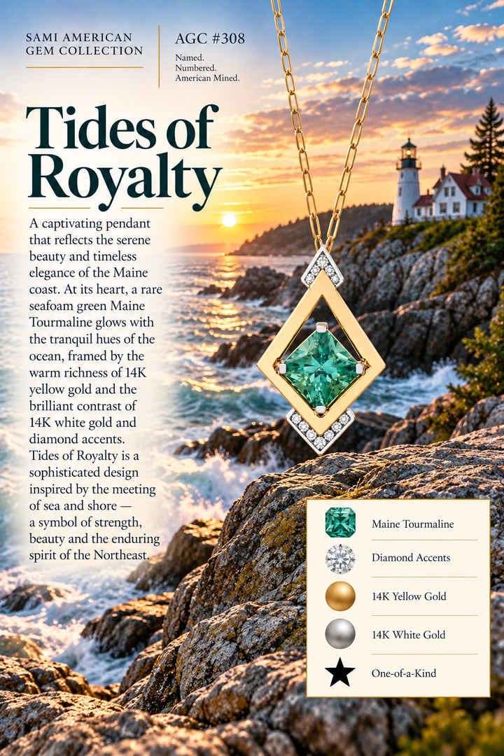 American Gem Collection #308 "Tides of Royalty" 14K Seafoam Green Maine Tourmaline and Diamond Pendant