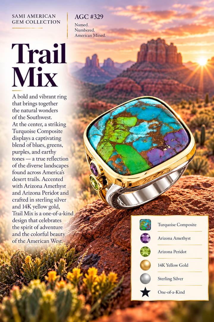 American Gem Collection #329 "Trail Mix" Turquoise Composite Sterling Silver and 14K Yellow Gold Ring