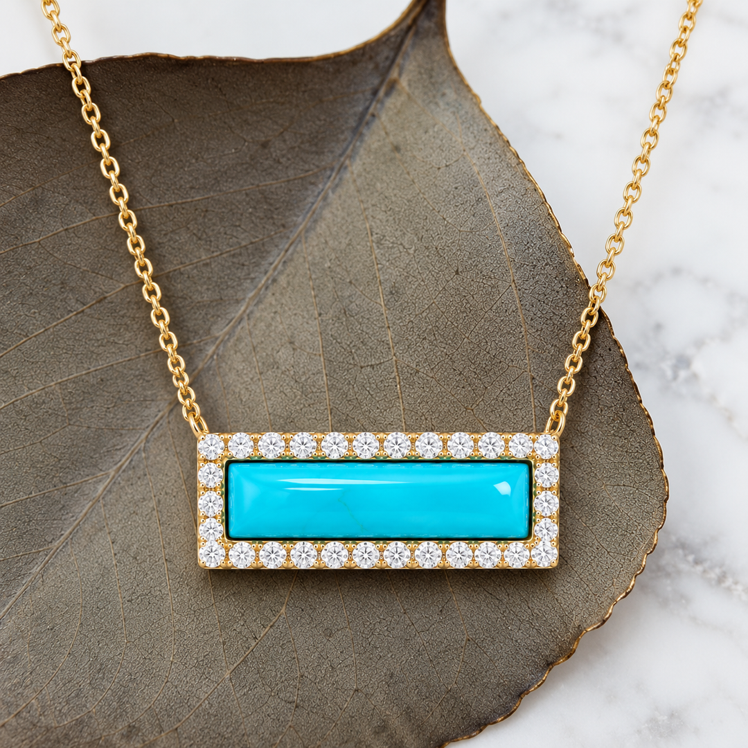 14K Yellow Rectangle Turquoise and Diamond Modern Necklace