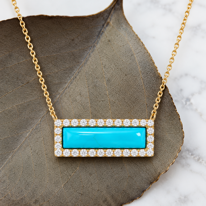 14K Yellow Rectangle Turquoise and Diamond Modern Necklace