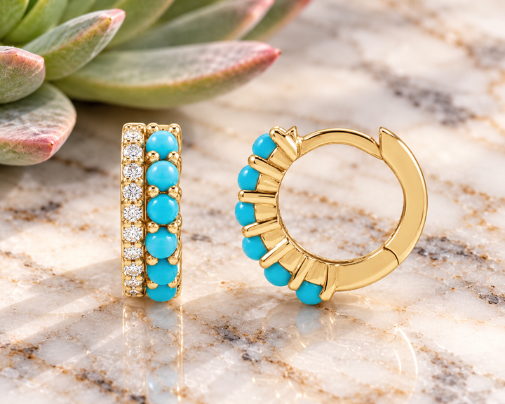 14K Yellow Gold Turquoise and Diamond Huggie Hoop Earrings