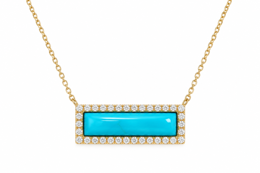 14K Yellow Rectangle Turquoise and Diamond Modern Necklace