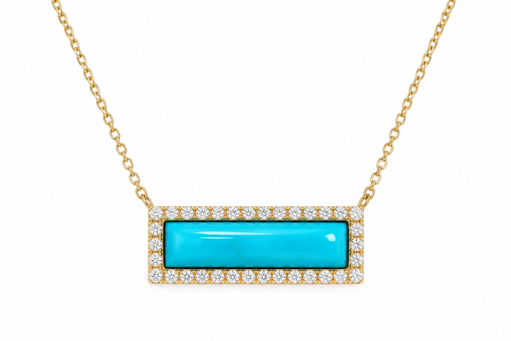 14K Yellow Rectangle Turquoise and Diamond Modern Necklace
