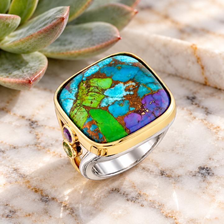 American Gem Collection #329 "Trail Mix" Turquoise Composite Sterling Silver and 14K Yellow Gold Ring