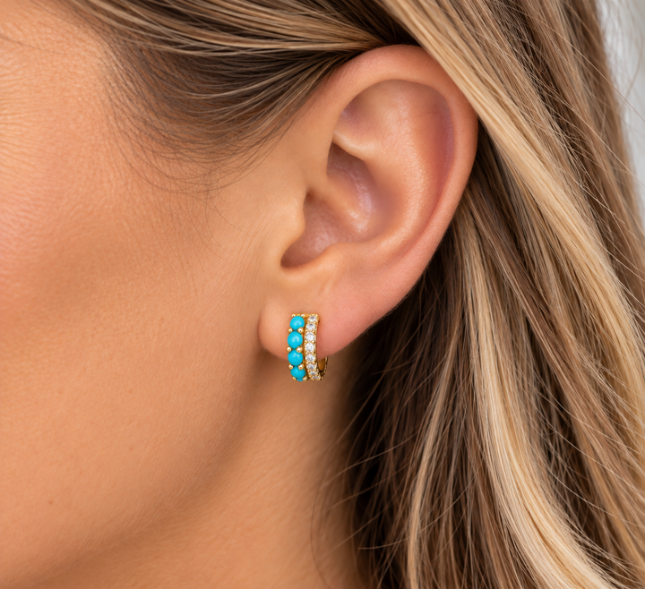 14K Yellow Gold Turquoise and Diamond Huggie Hoop Earrings