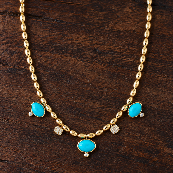 14K Yellow Gold Turquoise and Diamond Southwestern Station Necklace