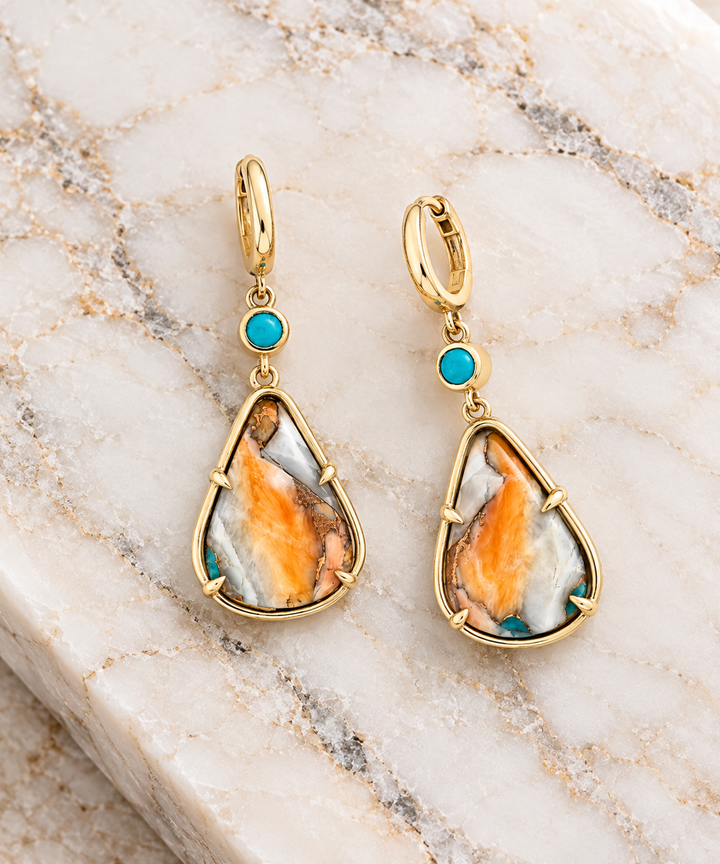 American Gem Collection #328 "Blended" Arizona Turquoise Composite 14K Yellow Gold Dangle Earrings