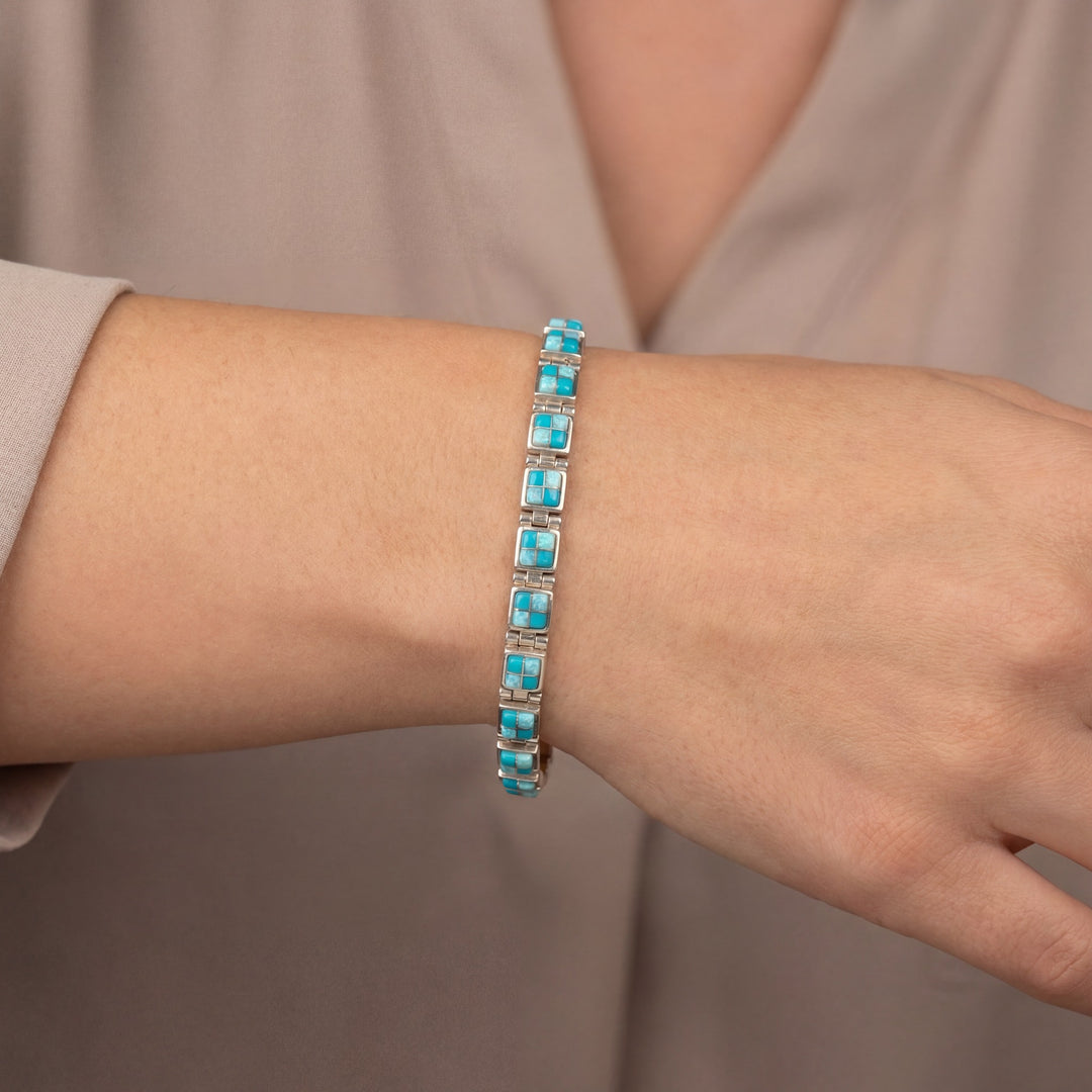 Sterling Silver American Turquoise and Created Opal Checker Link Toggle Bracelet
