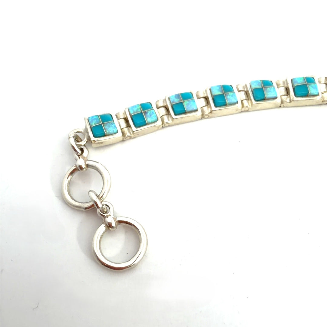 Sterling Silver American Turquoise and Created Opal Checker Link Toggle Bracelet