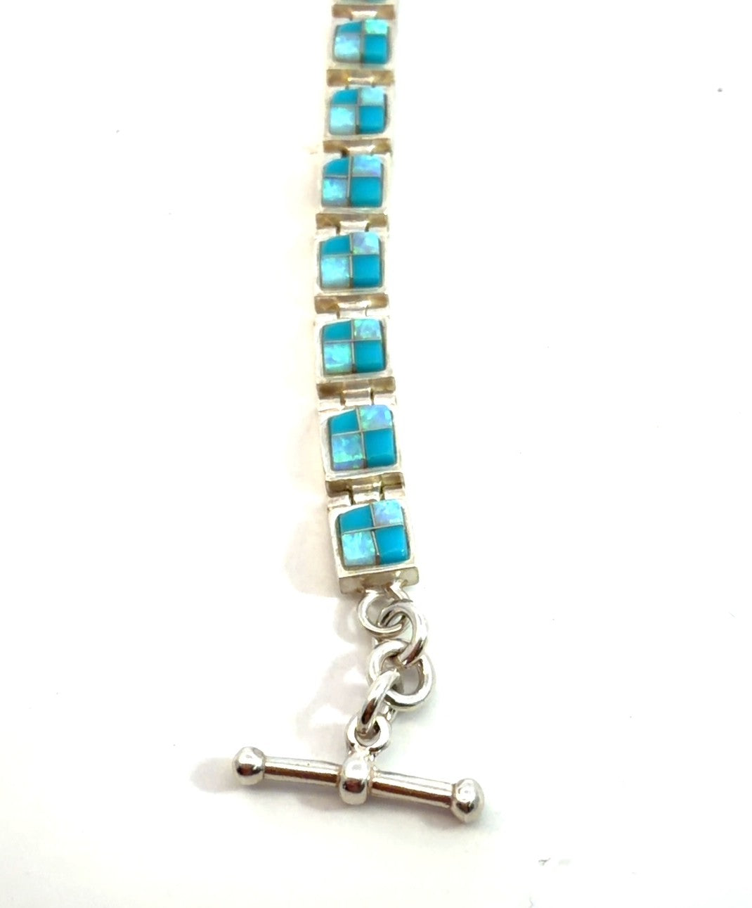 Sterling Silver American Turquoise and Created Opal Checker Link Toggle Bracelet