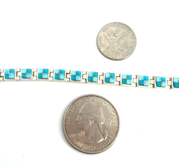 Sterling Silver American Turquoise and Created Opal Checker Link Toggle Bracelet