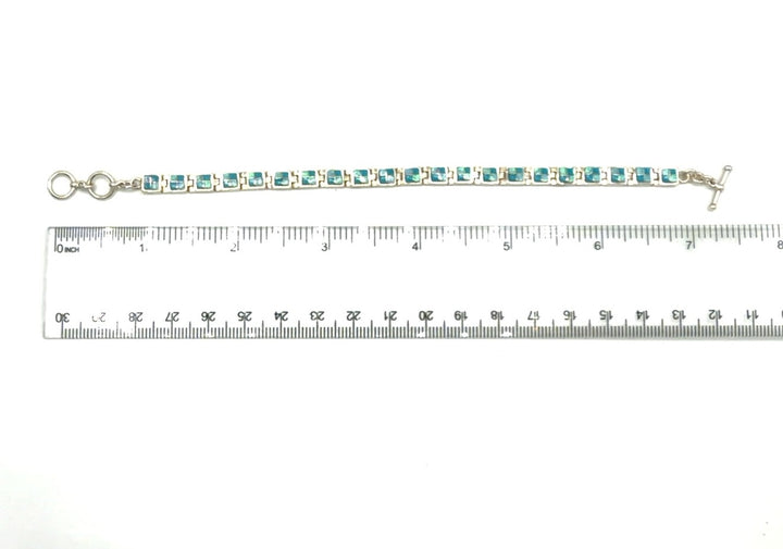 Sterling Silver American Turquoise and Created Opal Checker Link Toggle Bracelet