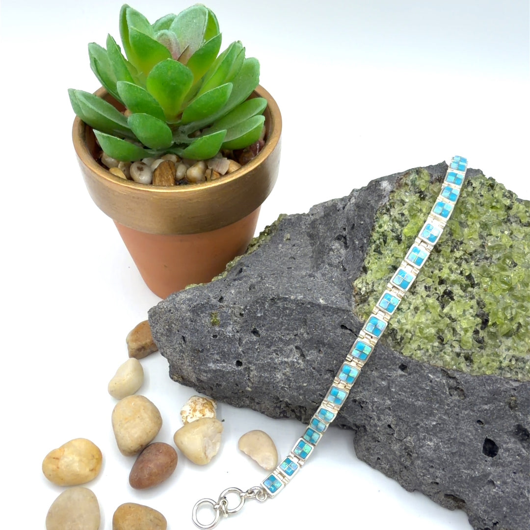 Sterling Silver American Turquoise and Created Opal Checker Link Toggle Bracelet