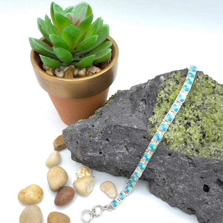 Sterling Silver American Turquoise and Created Opal Checker Link Toggle Bracelet