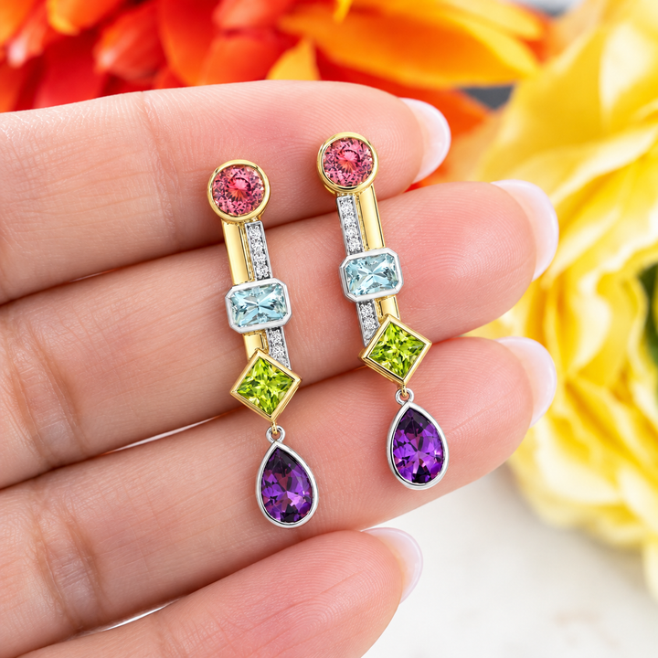 American Gem Collection #320 "Stateside Sweethearts" Multi American Gem 14K Two-Tone Earrings