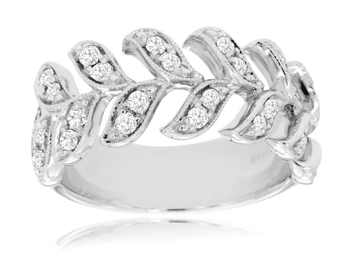 14K White Gold Flowing Leaf Diamond Wide Band