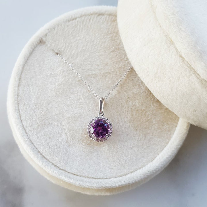 White Gold White Sapphire Halo and Birthstone Necklace