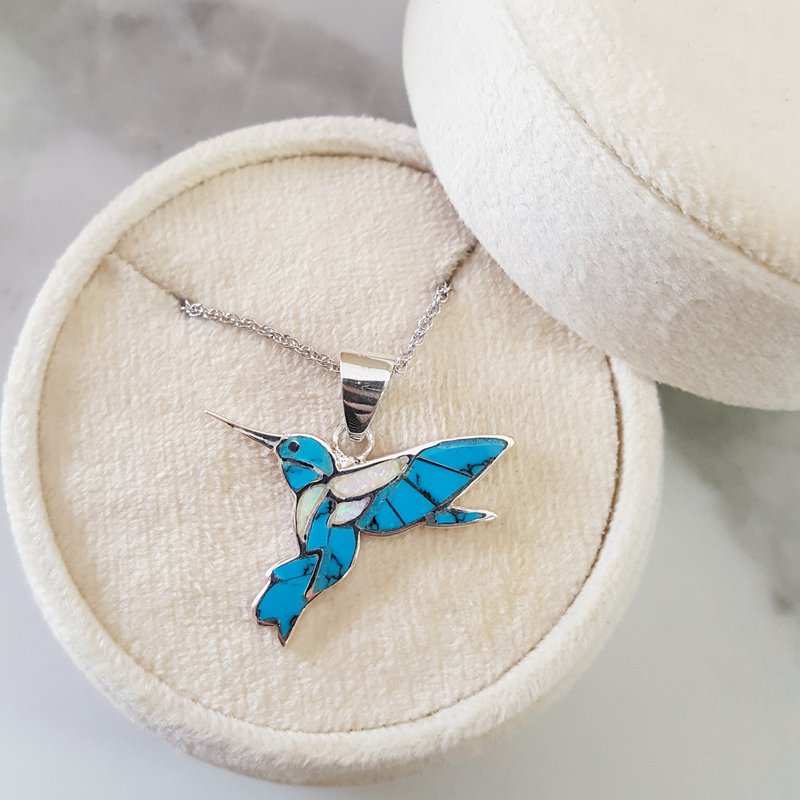 Sterling Silver Turquoise and Opal Hummingbird Necklace
