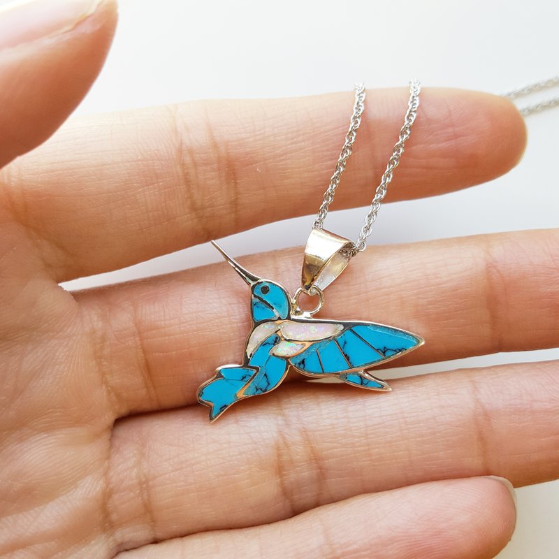 Sterling Silver Turquoise and Opal Hummingbird Necklace