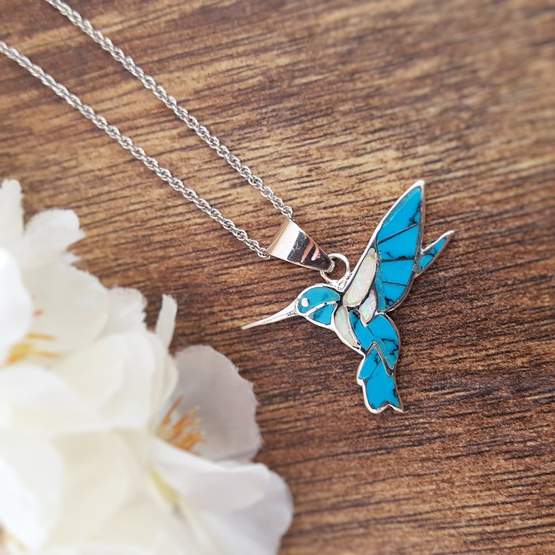 Sterling Silver Turquoise and Opal Hummingbird Necklace