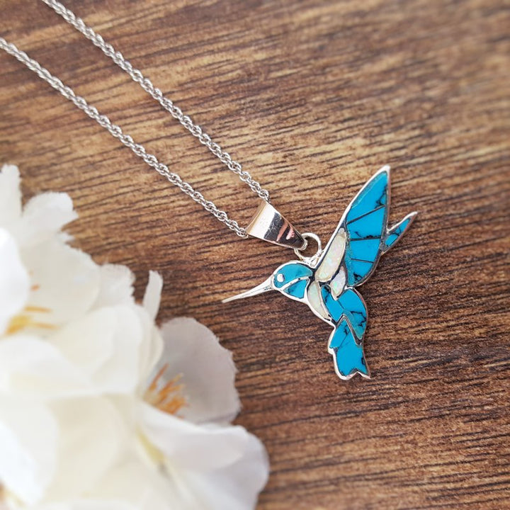 Sterling Silver Turquoise and Opal Hummingbird Necklace