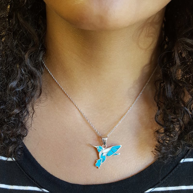 Sterling Silver Turquoise and Opal Hummingbird Necklace