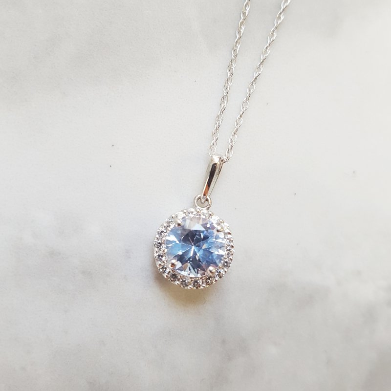 White Gold White Sapphire Halo and Birthstone Necklace