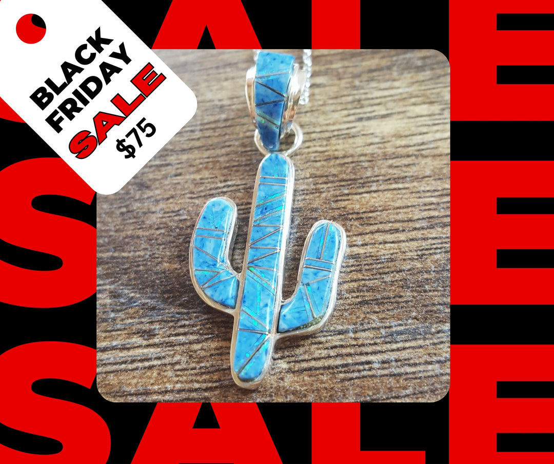 Sterling Arizona Turquoise and Inlaid Jewelry Denim Lapis Lazuli and Created Opal Saguaro Cactus Pendant