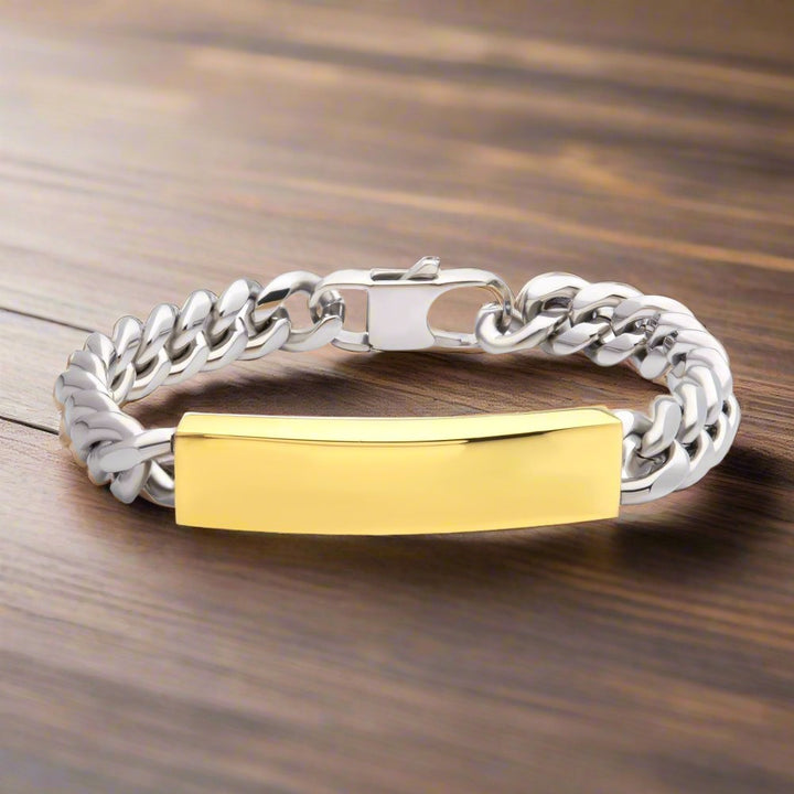 INOX Jewelry 10mm Steel Curb Chain Two-tone Bracelet with 18Kt Gold IP Engravable ID Plate