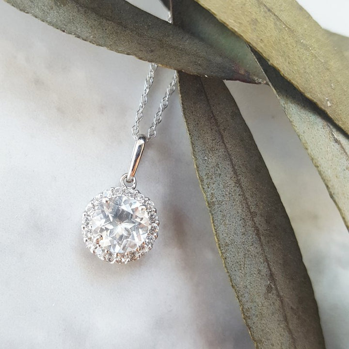 White Gold White Sapphire Halo and Birthstone Necklace
