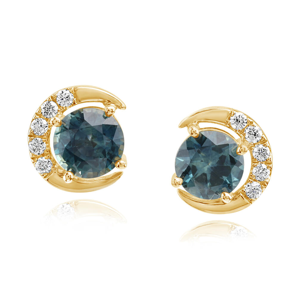 14K Yellow Gold Montana Sapphire and Diamond Half Moon Stud Earrings