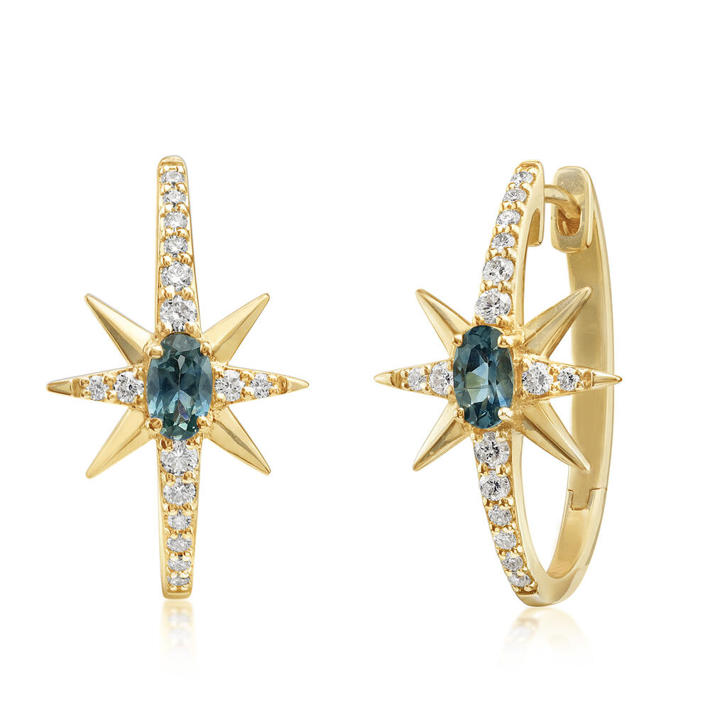 14K Yellow Gold Montana Sapphire and Diamond Celestial Hoops