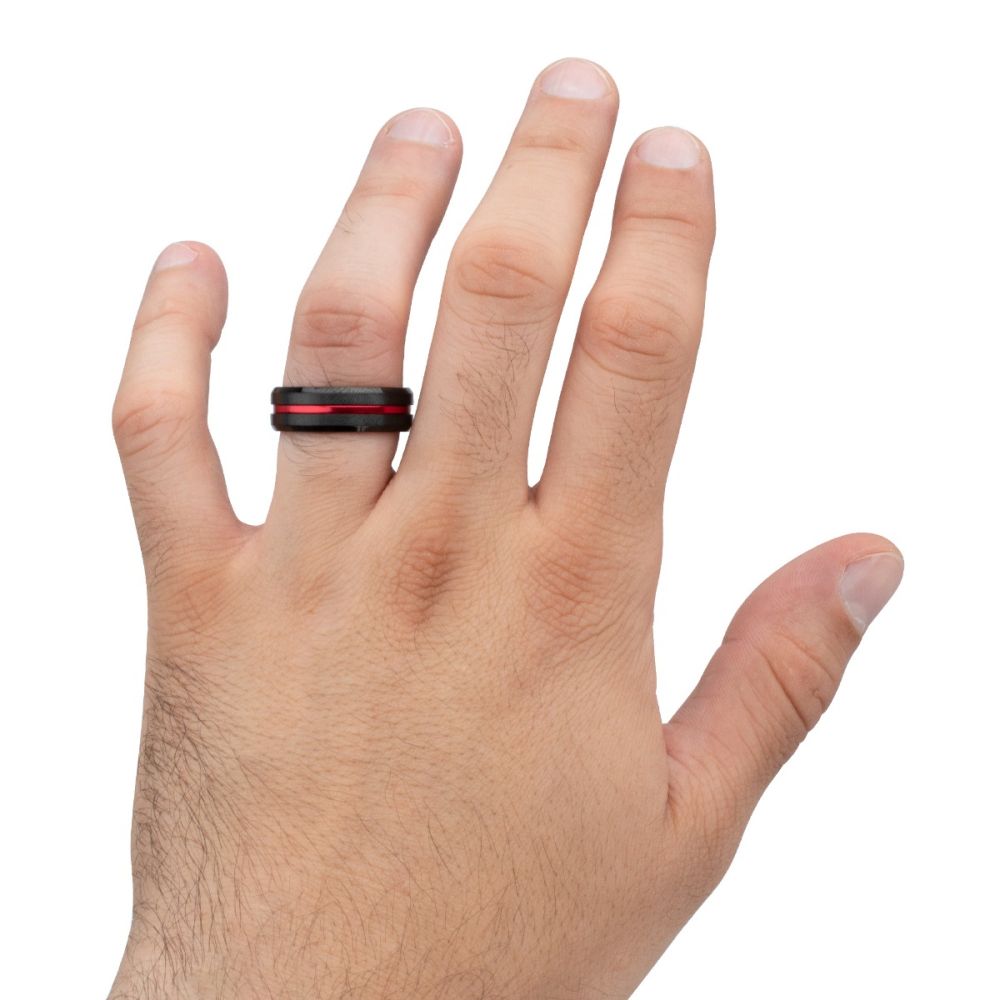 INOX Jewelry Red Aluminum Inlay Black IP Steel Beveled Comfort Fit Ring