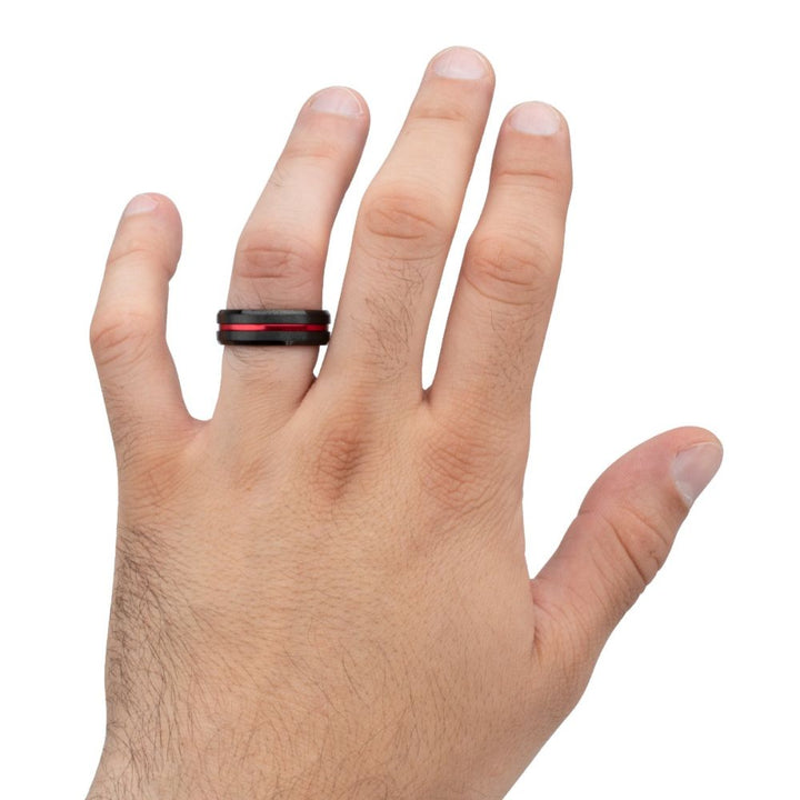 INOX Jewelry Red Aluminum Inlay Black IP Steel Beveled Comfort Fit Ring