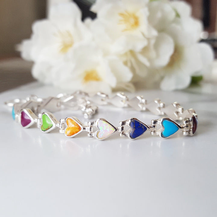 Sterling Silver American Turquoise and Created Opal Inlaid Multicolored Heart Link Bracelet